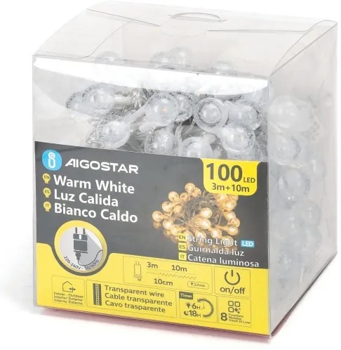 Aigostar - Catena LED natalizia da esterno 100xLED/8 funzioni 13m IP44 bianco caldo