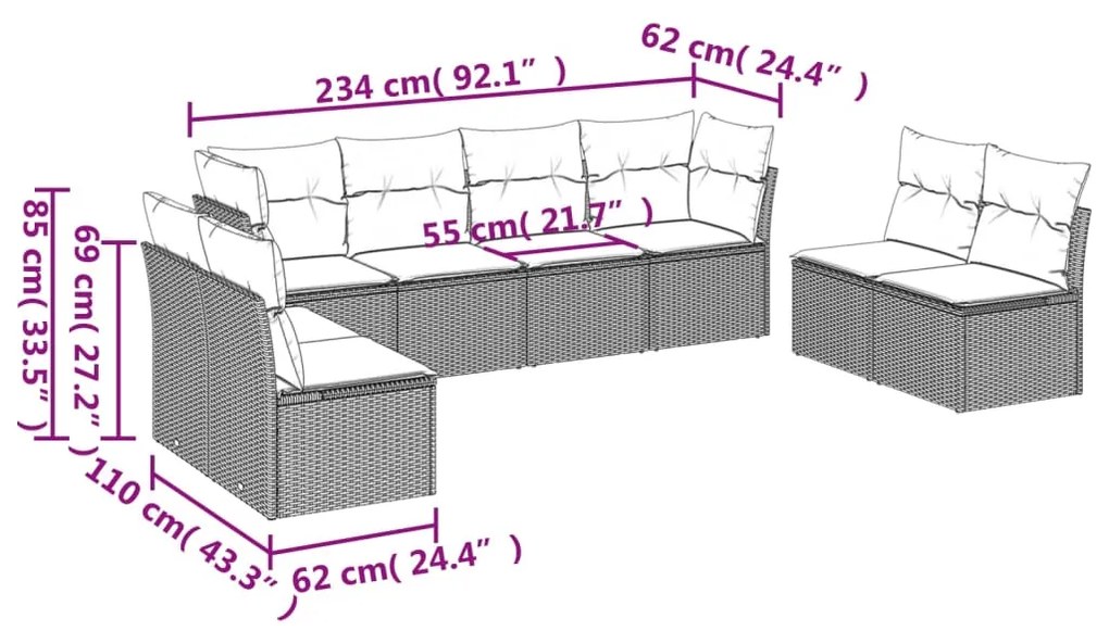 Set divano da giardino 8pz con cuscini grigio chiaro polyrattan