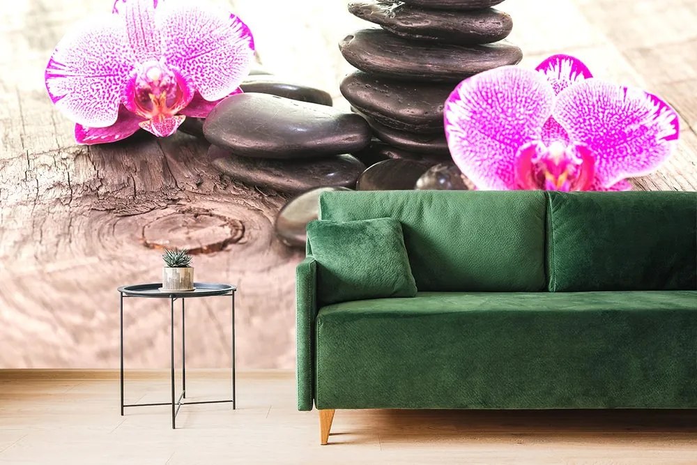 Carta da parati autoadesiva – Orchidea e pietre Zen su legno