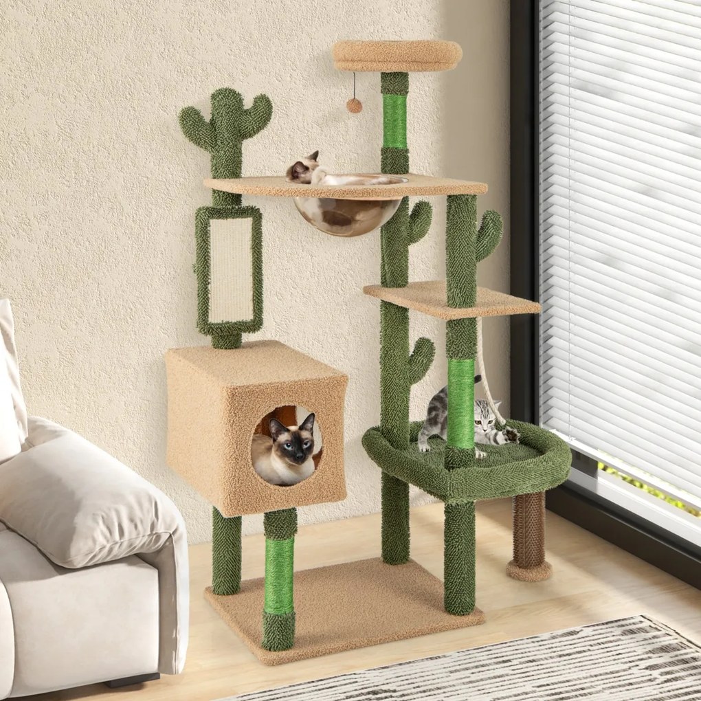 Costway Albero per gatti 150cm a forma di cactus per interni, Torre di gatti multilivello con pali per graffio in sisal Verde