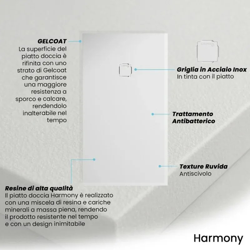Piatto doccia 100x120 in marmoresina bianco con griglia in acciaio inox Harmony
