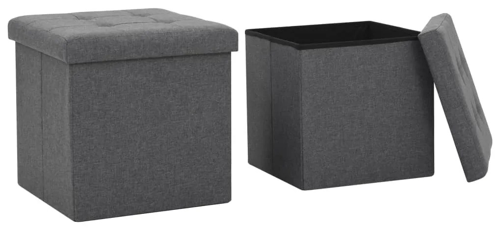 Pouf Pieghevoli Con Contenitore 2pz Grigio Scuro İn Simil Lino /
