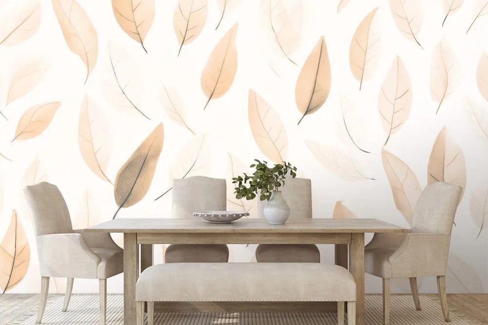Carta da parati autoadesiva – Foglie delicate in tonalità Peach Fuzz