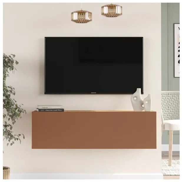 Mobile TV Sospeso 100x32x30 Rosso E Rovere Effetto Legno Con Vano Frame