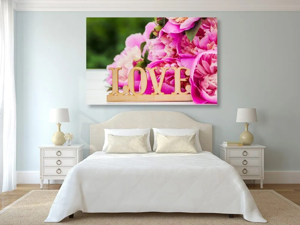 Quadro su tela – Peonie con scritta Love