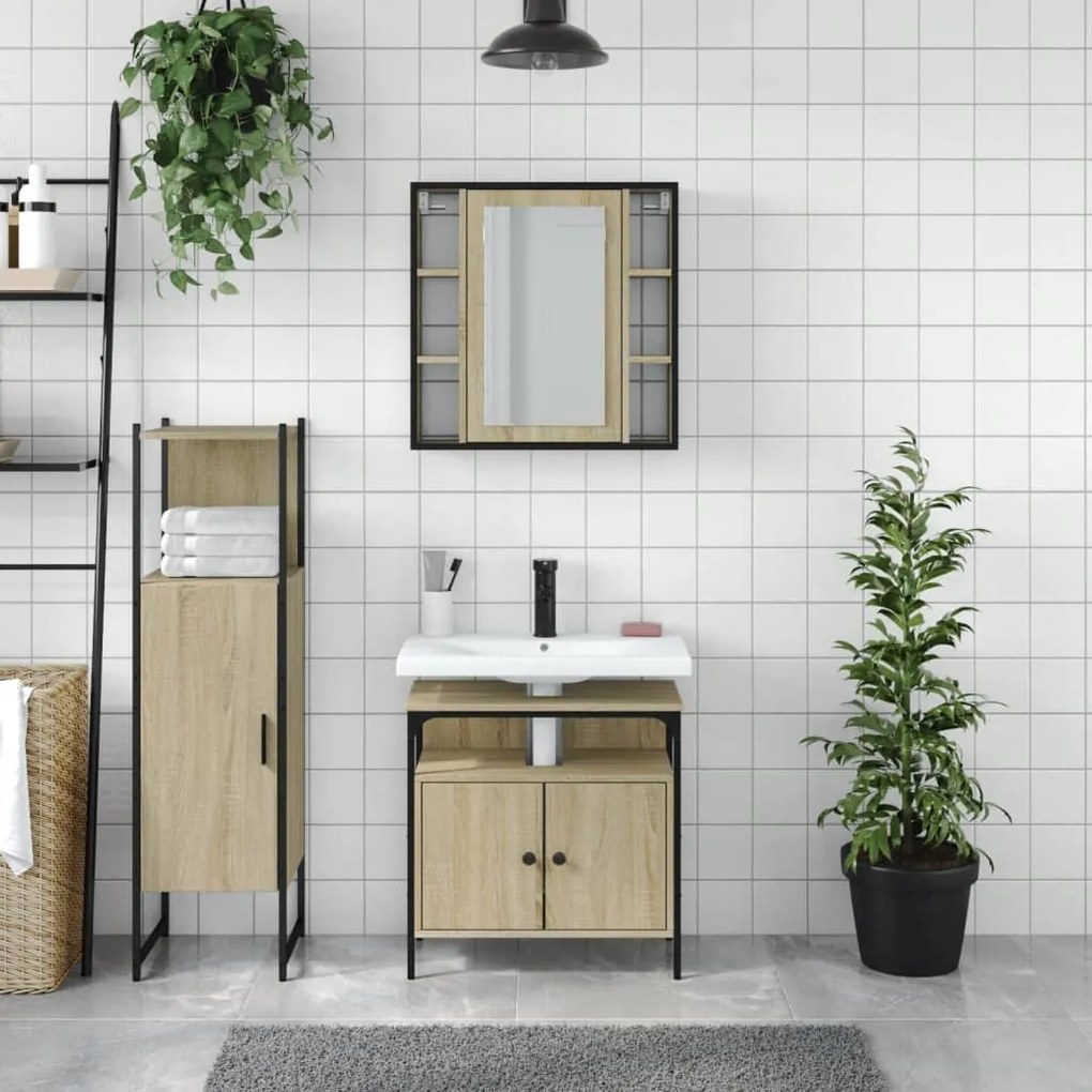 Set di mobili da bagno 3 pz rovere sonoma in legno multistrato