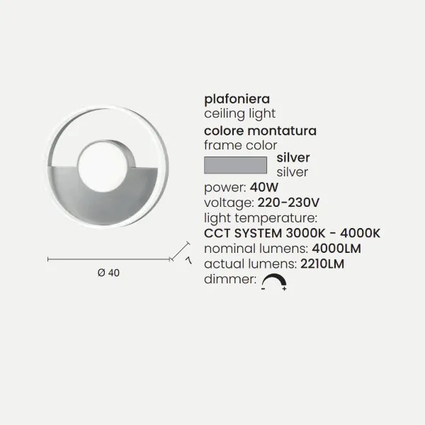 Plafoniera in metallo Argento con diffusore perimetrale D40 cm Led ELISA
