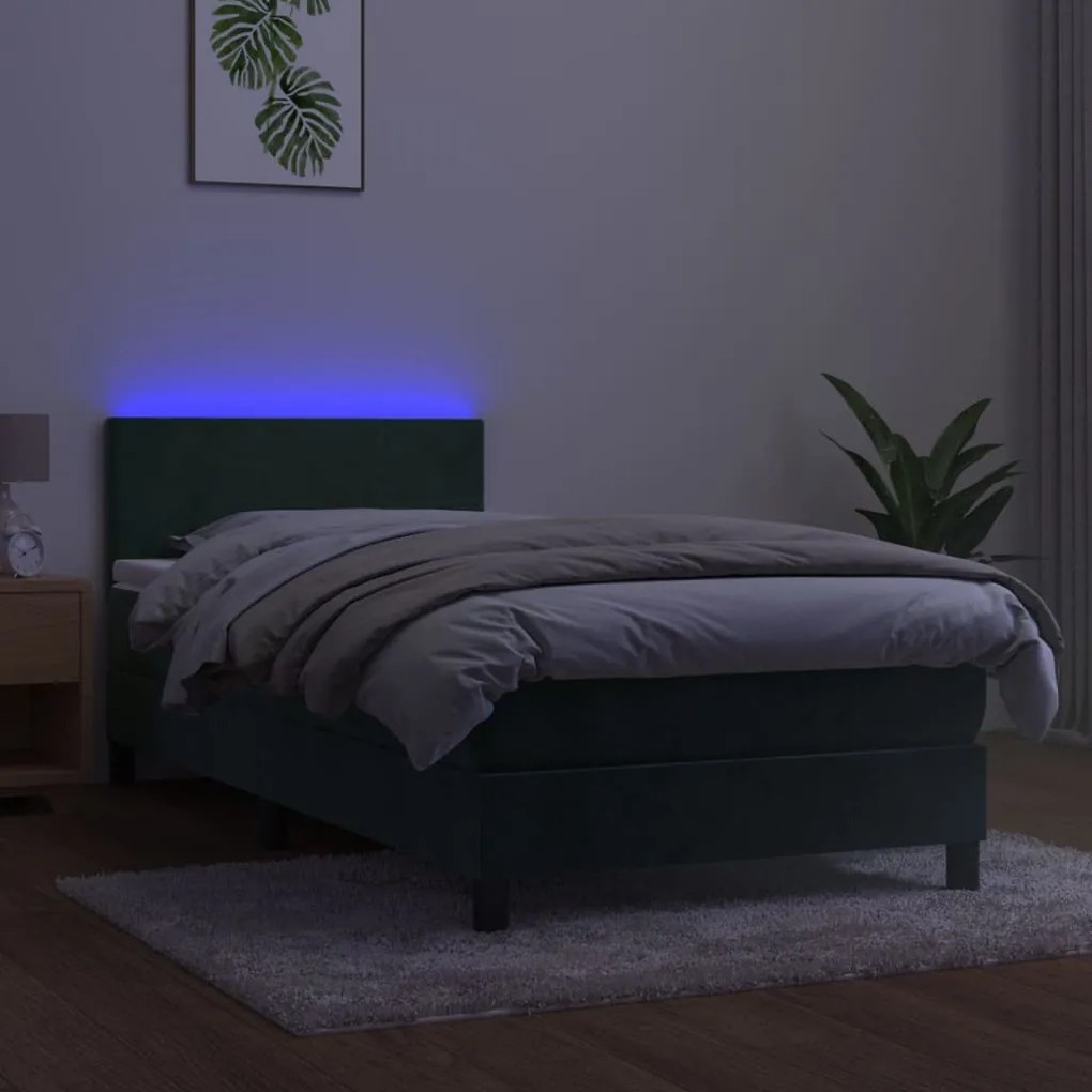 Letto a molle con materasso e led verde scuro 100x200cm velluto