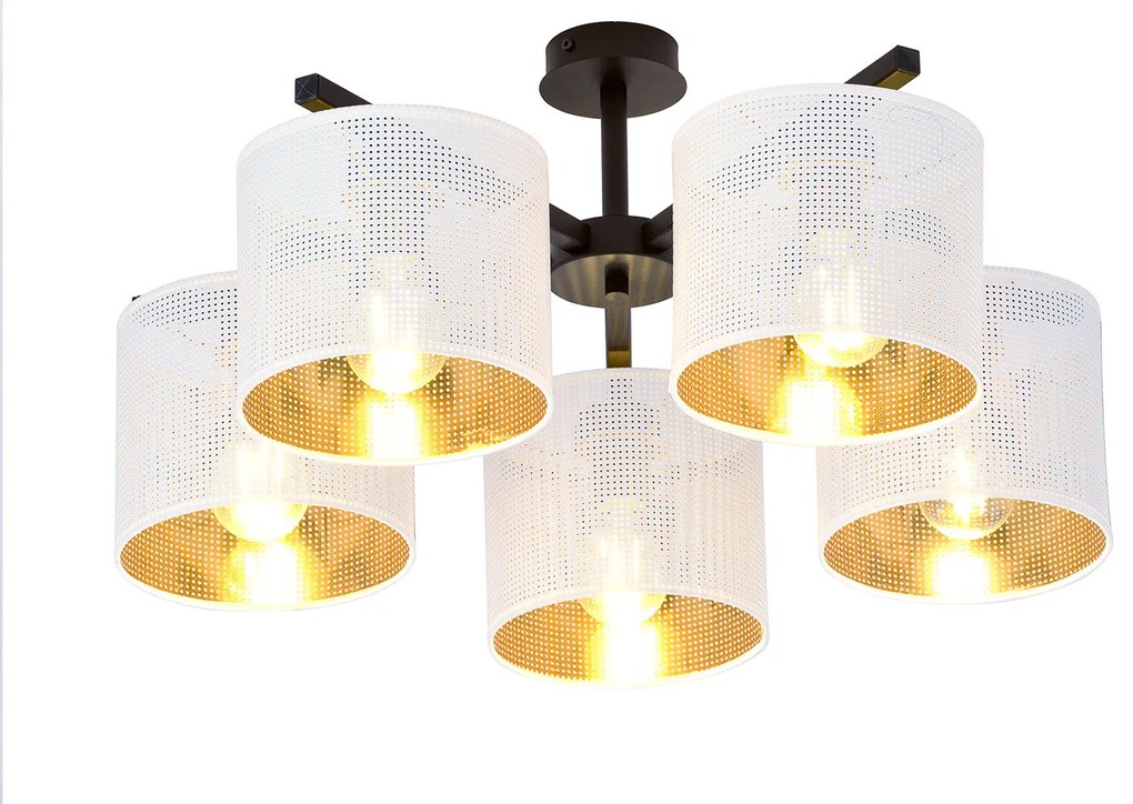 Plafoniera Industrial 5 Luci Cigno In Acciaio Bianco E Paralumi A Cilindro Oro