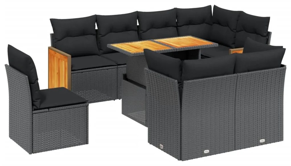 Set divani da giardino 9 pz con cuscini nero in polyrattan