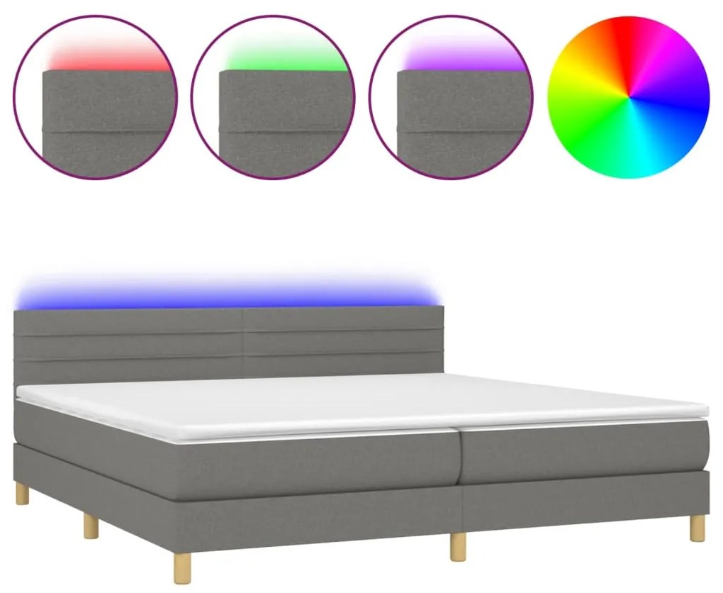 Letto a molle materasso e led grigio scuro 200x200cm in tessuto