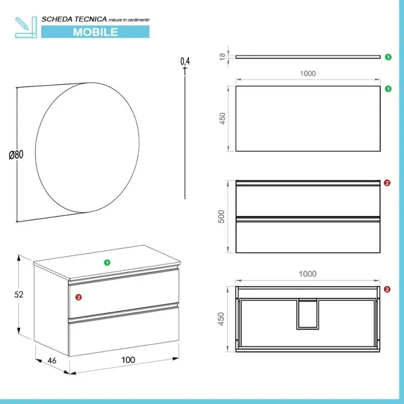 Arredo bagno sospeso 100 cm Master grigio effetto cemento con top e specchio