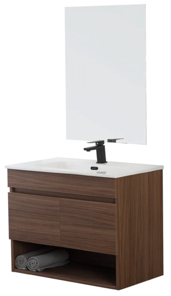 Mobile Bagno Sospeso 80 Cm Due Ante Vano a Giorno Specchio a Filo 80x60 Cm Feridras "Revital" Noce Canaletto