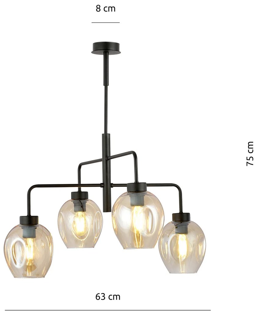 Lampadario Moderno 4 Luci Auriga In Accaio Nero E Vetro Ambra