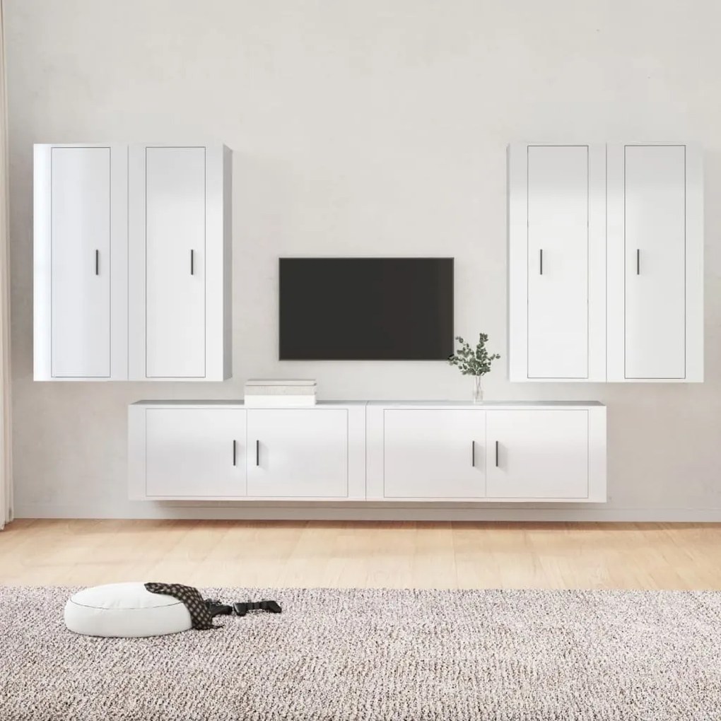 Set Di Mobili Porta Tv 6 Pz Bianco Lucido İn Legno Multistrato /
