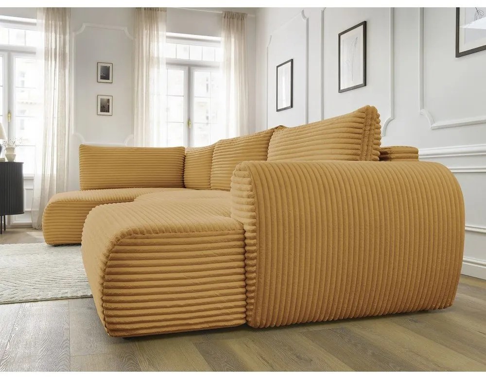 Divano angolare color senape allungabile (con penisola a destra/a forma di "U") con rivestimento in velluto a coste Lucien – Bobochic Paris