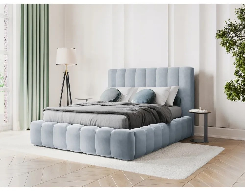 Letto matrimoniale imbottito azzurro con contenitore con griglia 200x200 cm Kelp - Micadoni Home