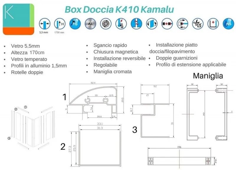 Kamalu - cabina doccia 80x80 altezza 170cm vetro opaco k410