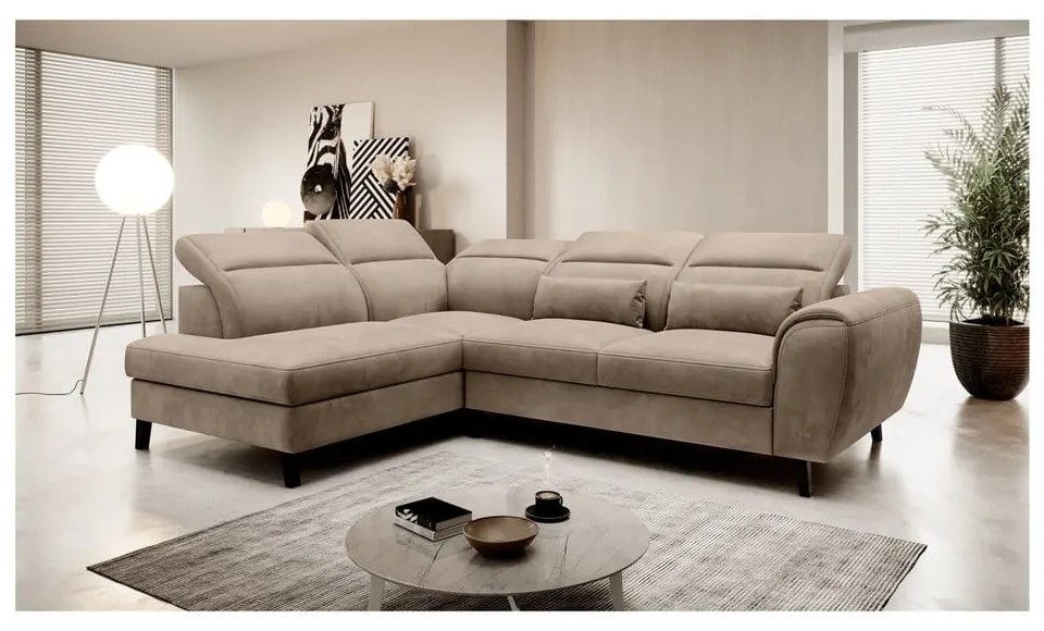 Divano angolare marrone chiaro allungabile/con contenitore (con penisola a sinistra/a L) e rivestimento in velluto Noble – ELTAP