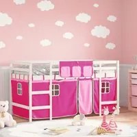 Letto a Soppalco con Tende Bambini Rosa 90x200 cm Massello Pino 3206969