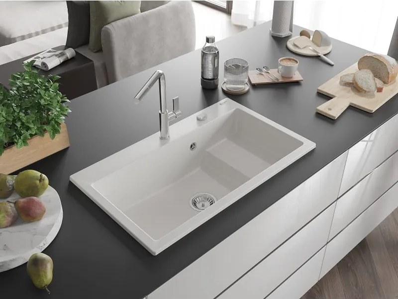 Mexen Omar lavello in granito 1-vasca 800 x 480 mm, bianco, sifone cromato - 6520801005-20