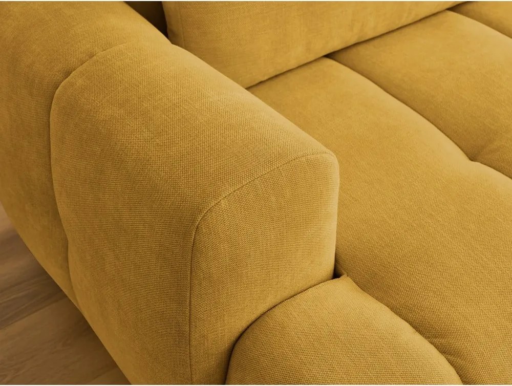 Divano angolare color senape allungabile e con contenitore (penisola a destra/chaise lounge) con rivestimento in ciniglia Fuji – Bobochic Paris