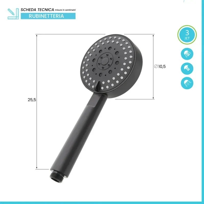 Doccino tondo 25,5cm nero opaco multigetto a getti concentrici in ABS anticalcare Hidra