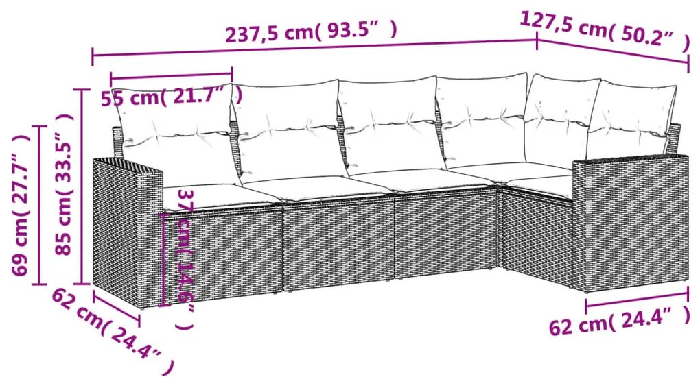 Set divano da giardino 5 pz con cuscini grigio in polyrattan