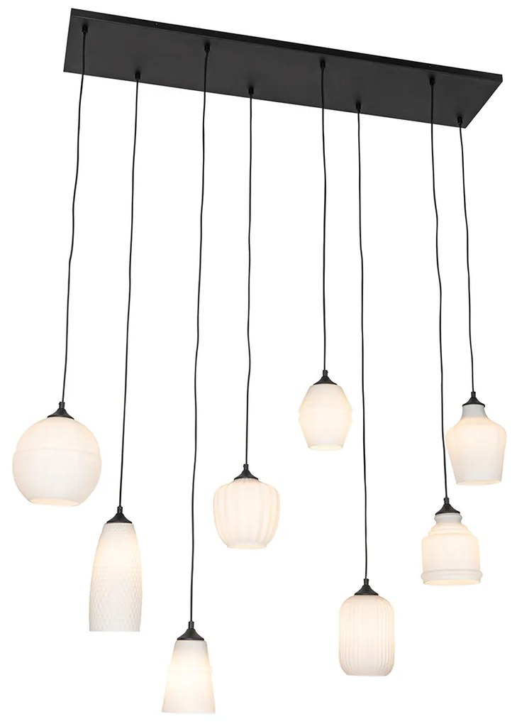 Lampada a sospensione Art Déco nera con vetro opale 8 luci - Hanne