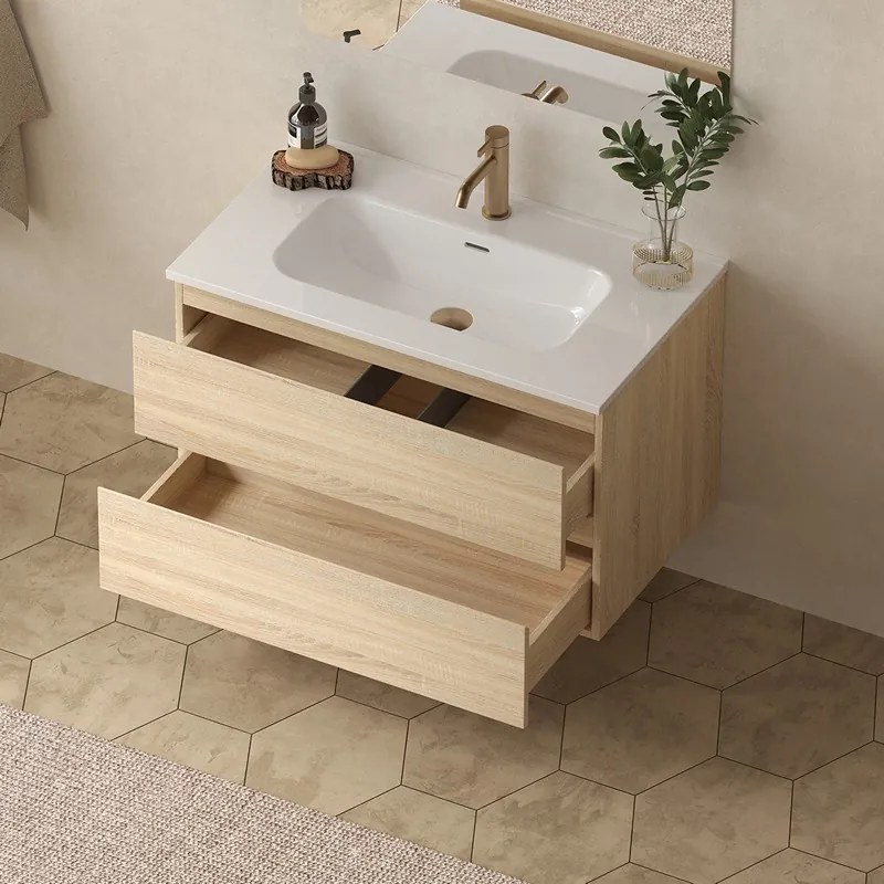 Mobile bagno 100 cm lavabo integrato legno chiaro | KAM-HR100 - KAMALU