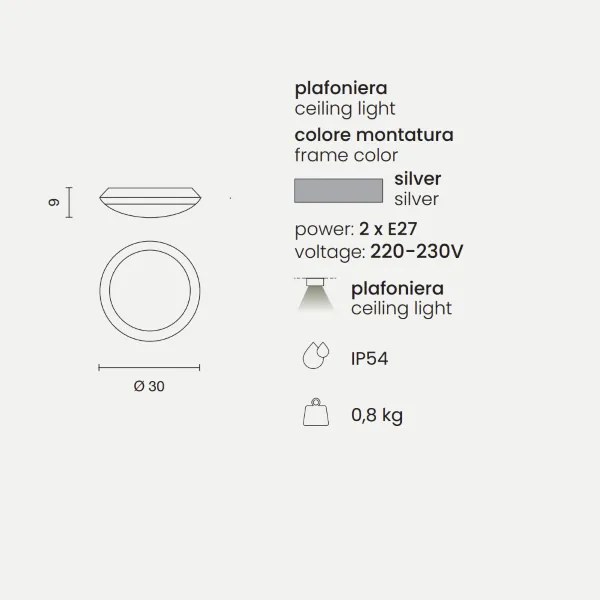 Lampada da parete per esterni grado IP65 luce E27- BASE Silver D30 cm