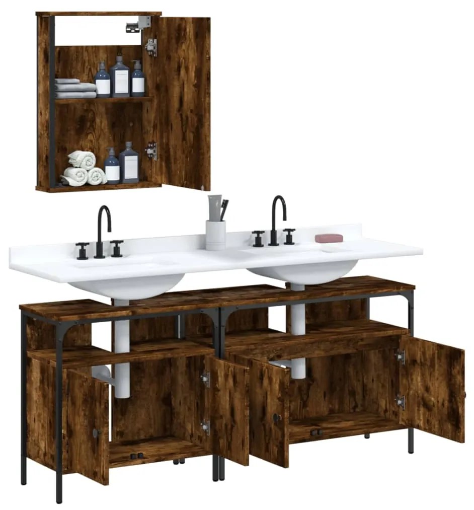 Set mobili da bagno 3 pz rovere fumo in legno multistrato