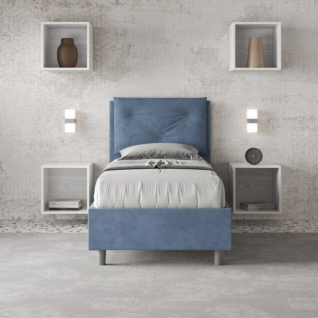Letto singolo imbottito 80x210 microfibra Appia senza rete, con rete e contenitore, Blu / Contenitore
