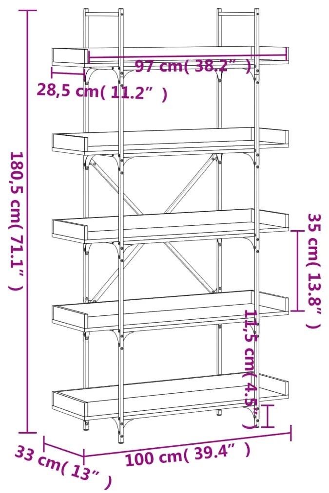 Libreria 5 Ripiani Rovere Fumo 100x33x180,5cm Legno Multistrato