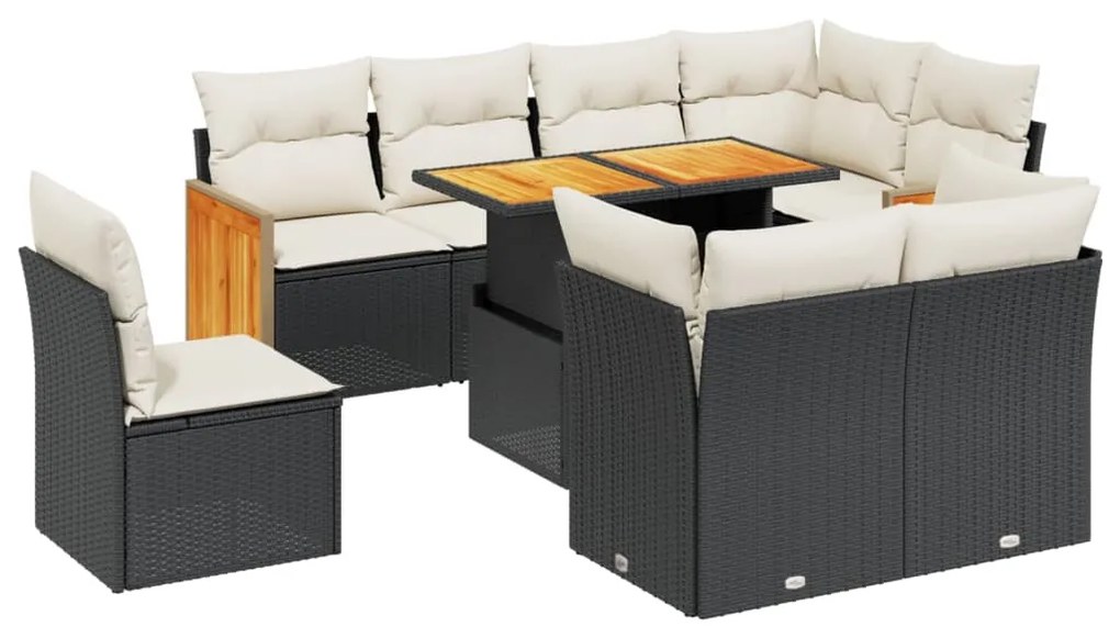 Set Divani da Giardino 9 pz con Cuscini Nero in Polyrattan