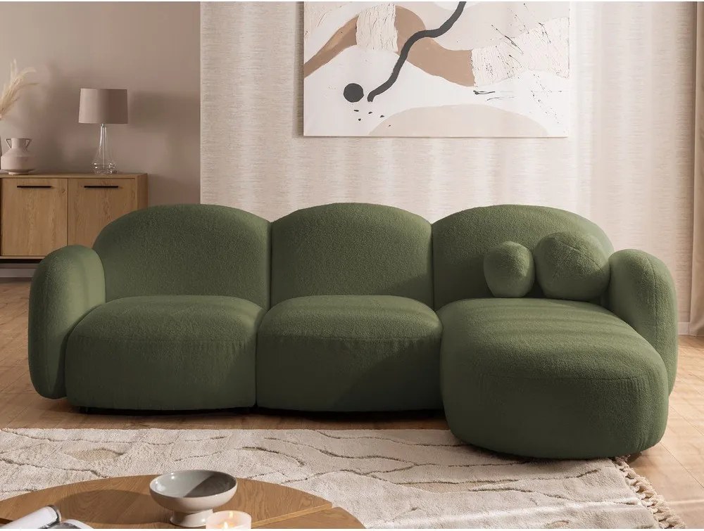 Divano angolare verde (con penisola a destra/con chaise lounge) con rivestimento in bouclé Orbit – Ropez