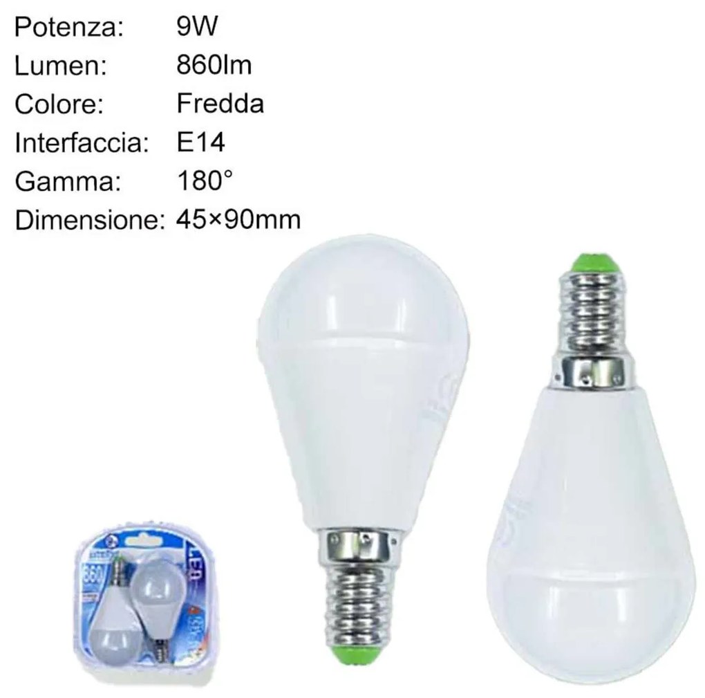 2 PZ Lampadina A Led E14 P45 G45 9W Luce Fredda 860 Lumen 6500K