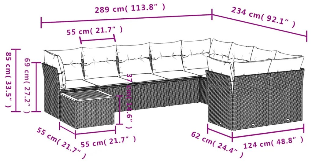 Set Divano da Giardino 10 pz con Cuscini Beige Misto Polyrattan