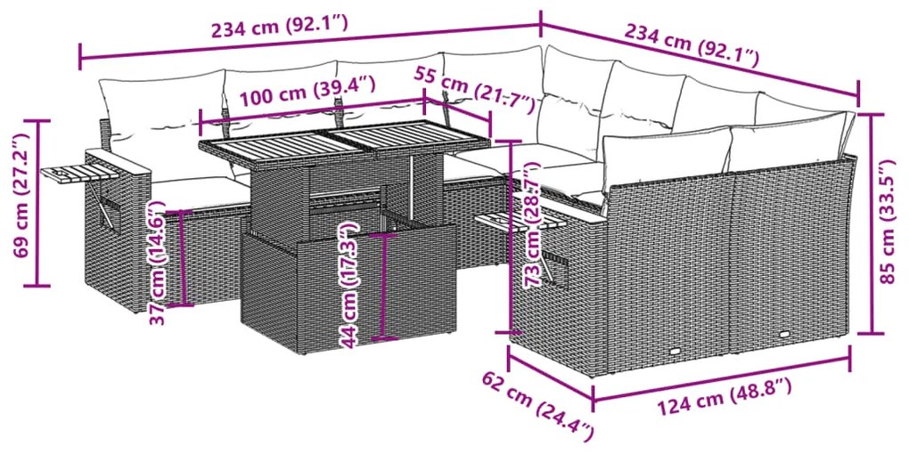 Set divano da giardino 9 pz con cuscini beige in polyrattan