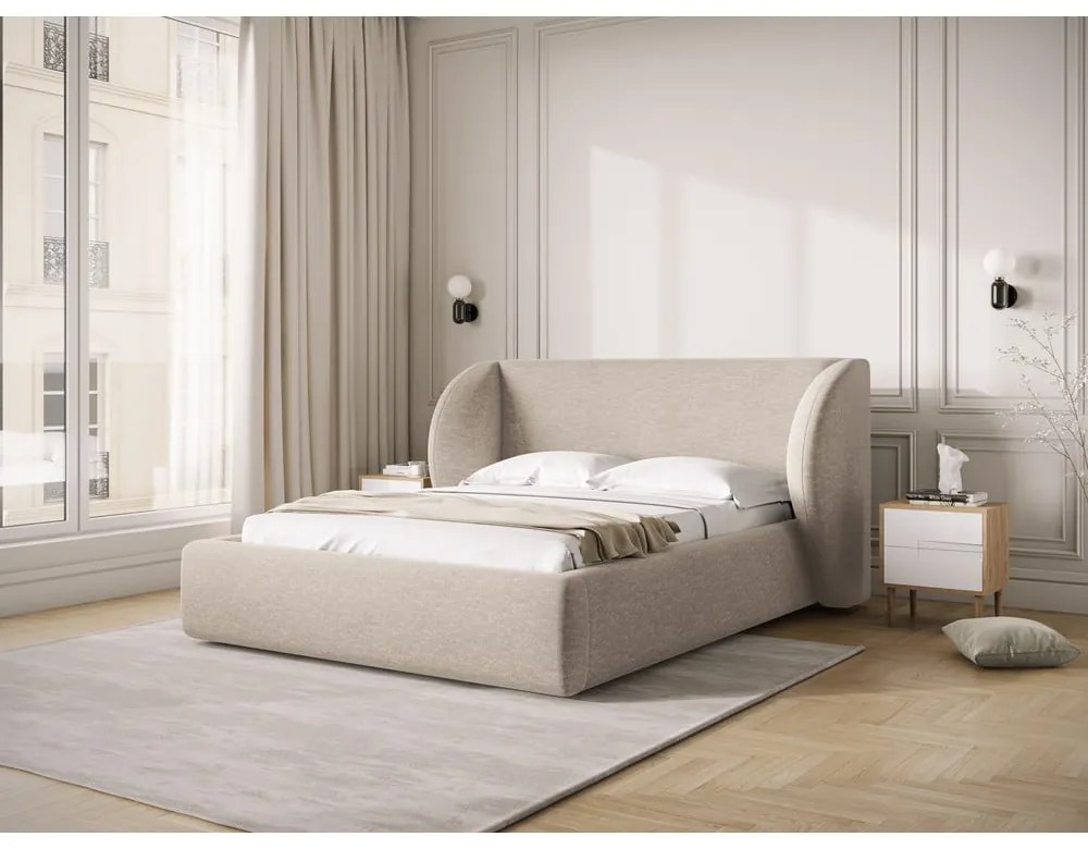 Letto matrimoniale imbottito beige con contenitore con rete inclusa 180x200 cm Miley – Micadoni