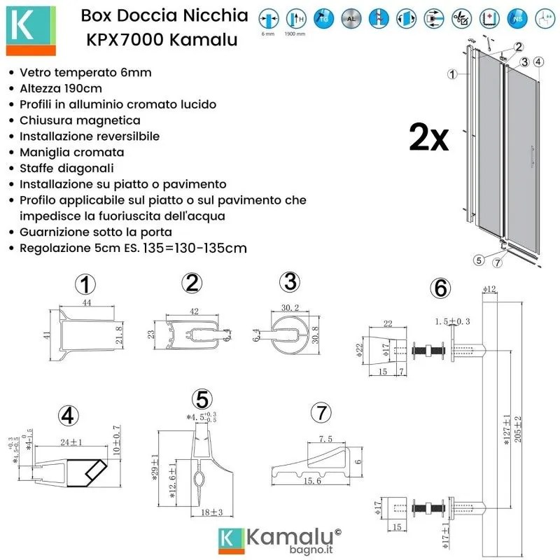 Kamalu - doccia un lato 135 cm doppio battente laterali kpx7000