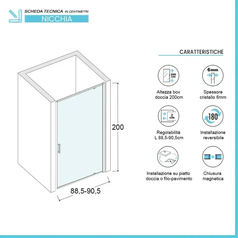 Porta doccia nicchia 90 cm a battente con vetro in cristallo trasparente Ted