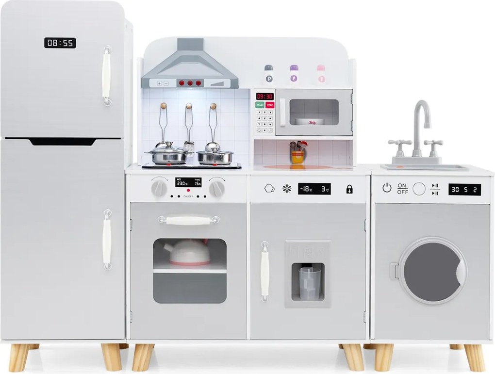 Costway Set da cucina per bambini 3 in 1 con luci e suoni per bambini 3+ anni, Cucina da gioco con frigorifero e lavatrice macchina del ghiaccio Grigio/Bianco e grigio