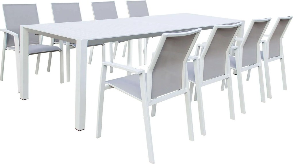 ARIZONA - set tavolo in alluminio cm 100 x 51,50/104/156/208/260 x 74 h con 8 poltrone Lotus