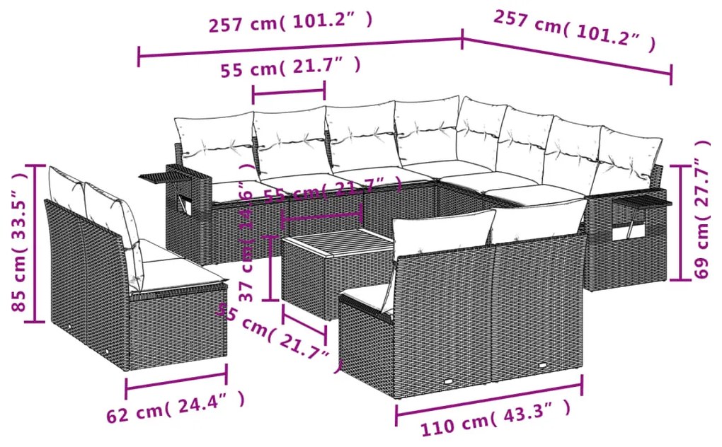 Set Divani da Giardino 12 pz con Cuscini Nero in Polyrattan