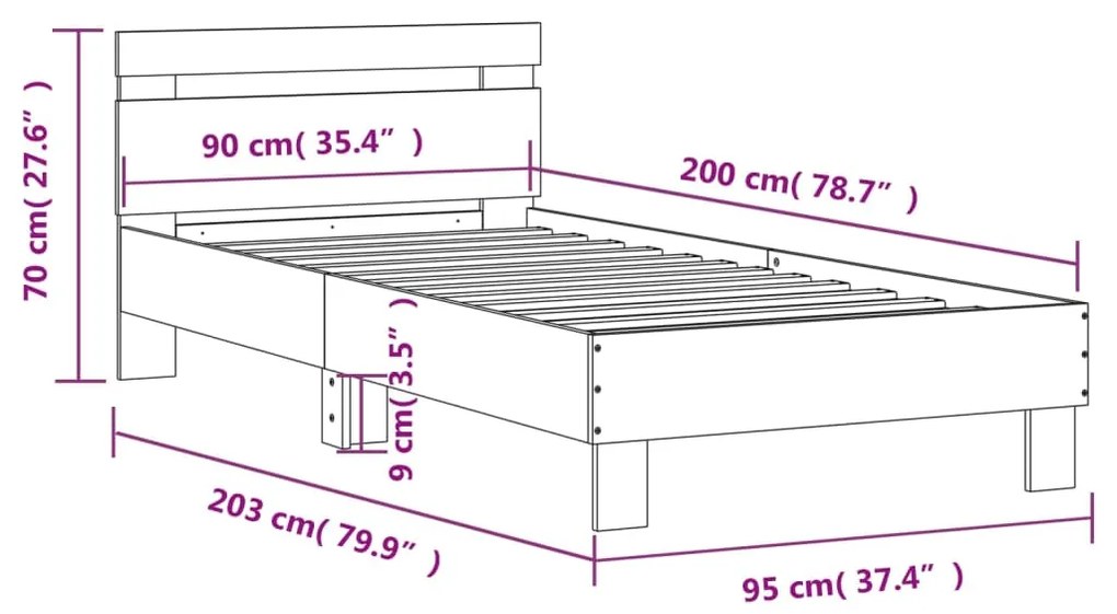 Giroletto con Testiera Grigio Sonoma 90x200cm Legno Multistrato