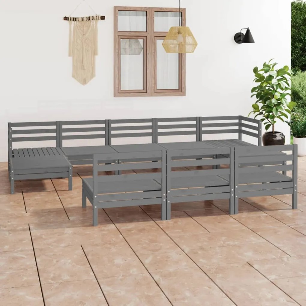 Set salotto da giardino 10 pz grigio in legno massello di pino