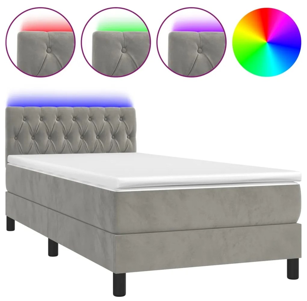 Letto a Molle Materasso e LED Grigio Chiaro 90x190 cm Velluto