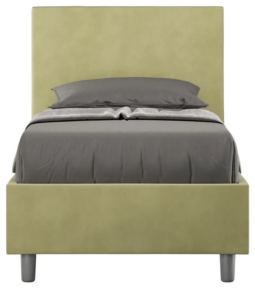 Letto singolo imbottito 80x200 microfibra Adele senza rete, con rete e contenitore, Tè Verde / Con Rete