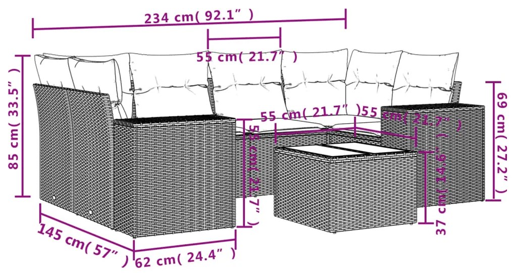 Set divani da giardino 7 pz con cuscini grigio in polyrattan